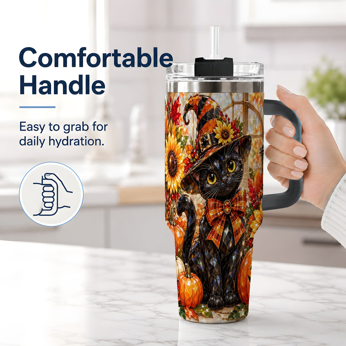 #pl[40oz|Black] Halloween Black Cat 40oz Tumbler, Sunflower Pumpkin Artwork