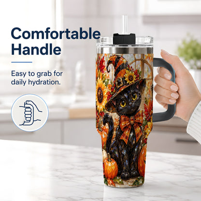 #pl[40oz|Black] Halloween Black Cat 40oz Tumbler, Sunflower Pumpkin Artwork