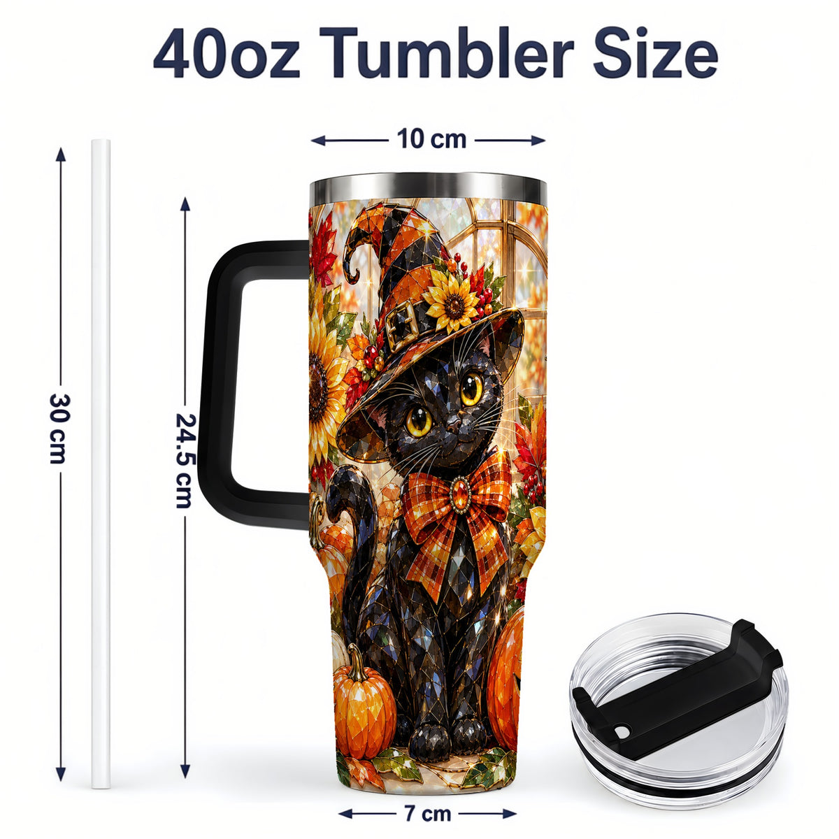 #pl[40oz|Black] Halloween Black Cat 40oz Tumbler, Sunflower Pumpkin Artwork