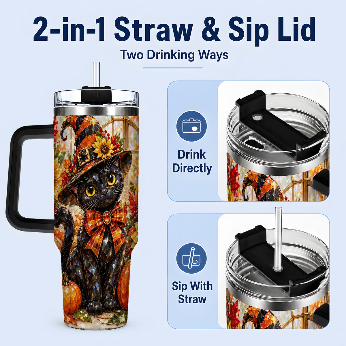 #pl[40oz|Black] Halloween Black Cat 40oz Tumbler, Sunflower Pumpkin Artwork
