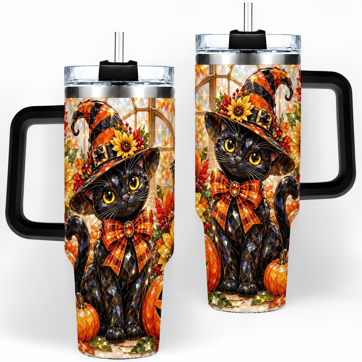 #pl[40oz|Black] Halloween Black Cat 40oz Tumbler, Sunflower Pumpkin Artwork