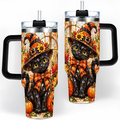 #pl[40oz|Black] Halloween Black Cat 40oz Tumbler, Sunflower Pumpkin Artwork