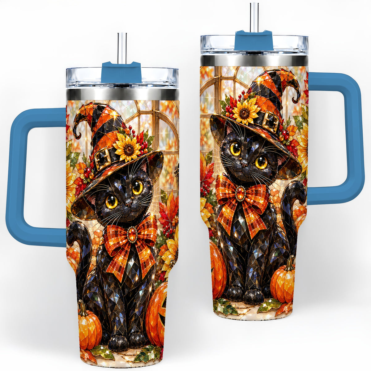 #pl[40oz|Blue] Halloween Black Cat 40oz Tumbler, Sunflower Pumpkin Artwork