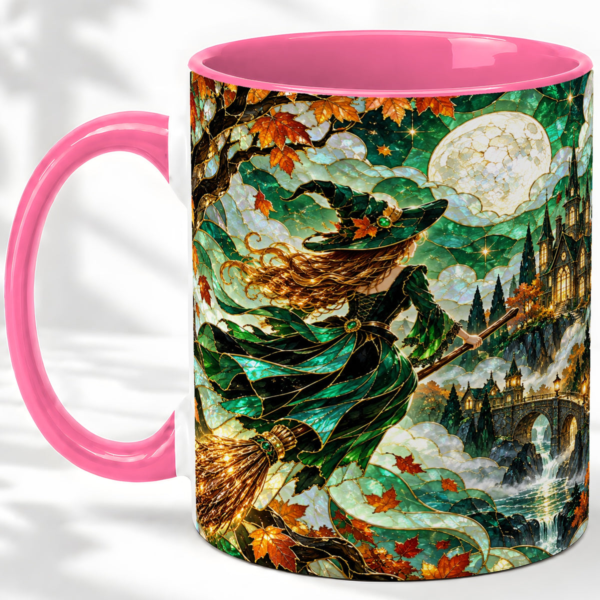 #pl[11oz|Pink] Autumn Witch Ceramic Mug with Moon, Castle and Fall Leaf Artwork