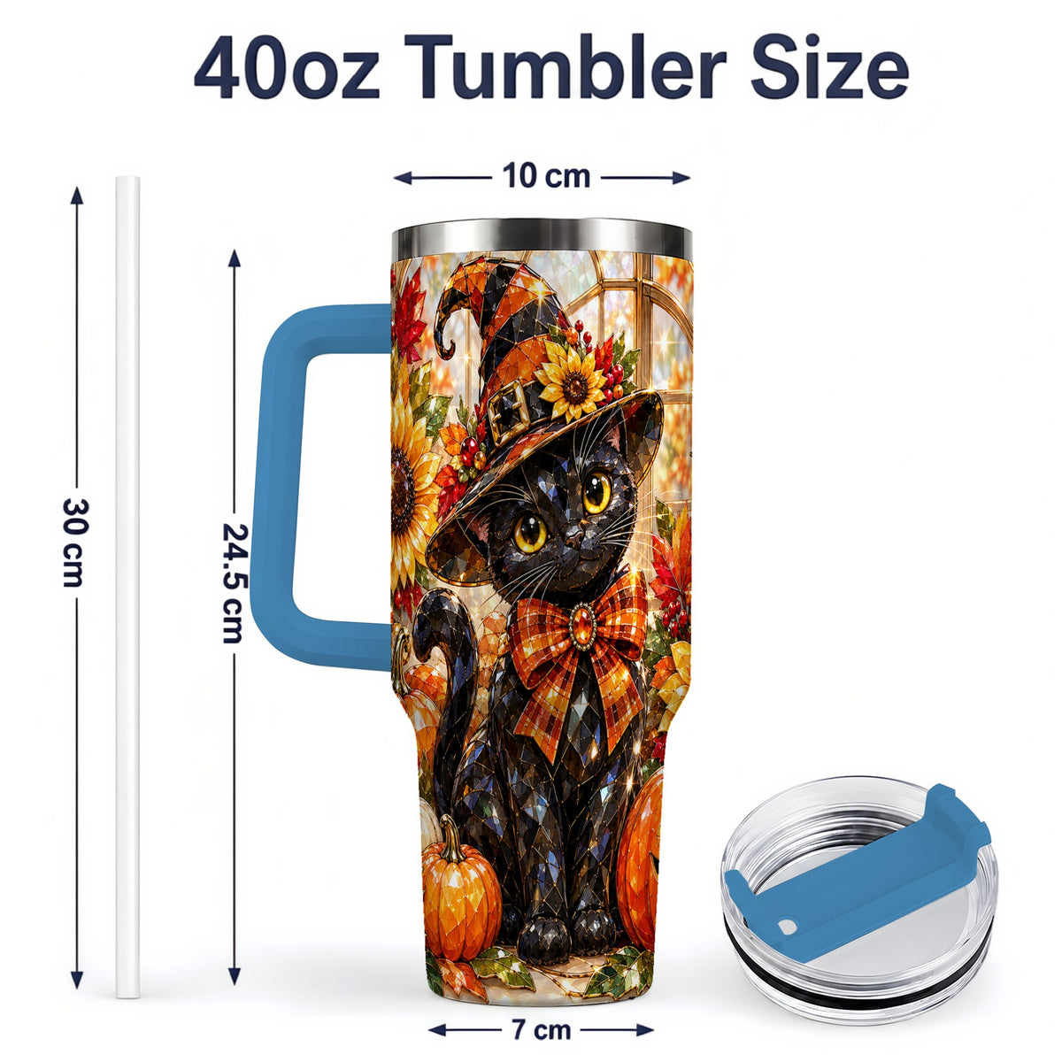 #pl[40oz|Blue] Halloween Black Cat 40oz Tumbler, Sunflower Pumpkin Artwork