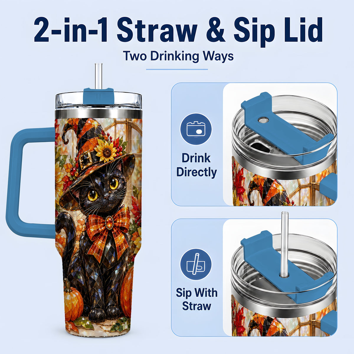 #pl[40oz|Blue] Halloween Black Cat 40oz Tumbler, Sunflower Pumpkin Artwork