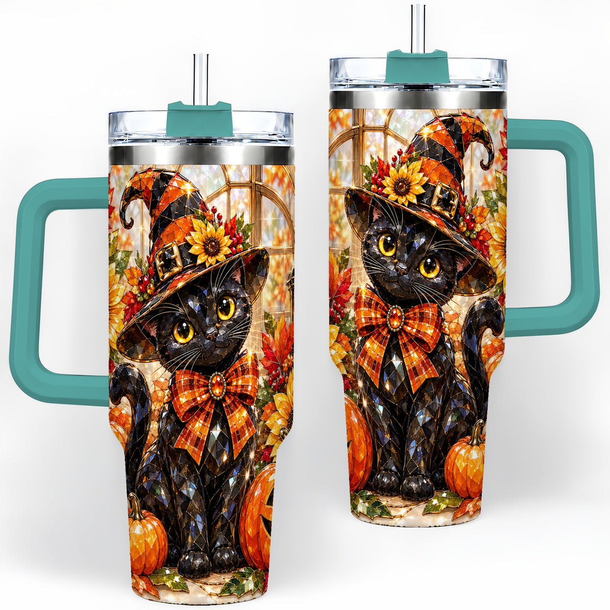 #pl[40oz|Green] Halloween Black Cat 40oz Tumbler, Sunflower Pumpkin Artwork