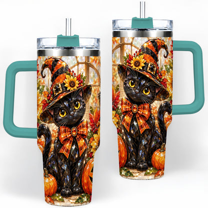 #pl[40oz|Green] Halloween Black Cat 40oz Tumbler, Sunflower Pumpkin Artwork