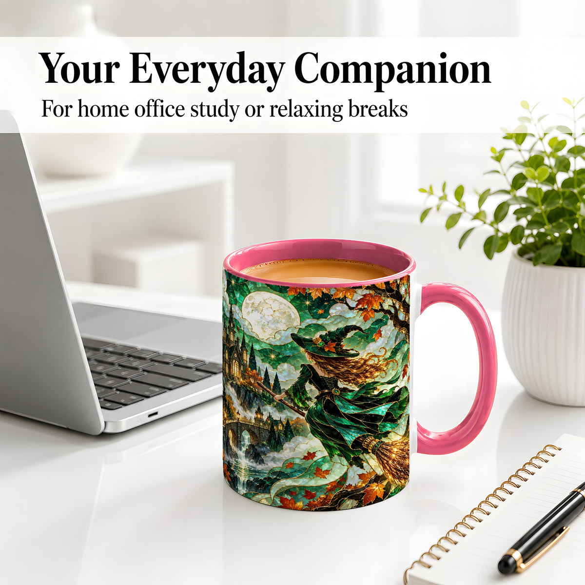 #pl[11oz|Pink] Autumn Witch Ceramic Mug with Moon, Castle and Fall Leaf Artwork