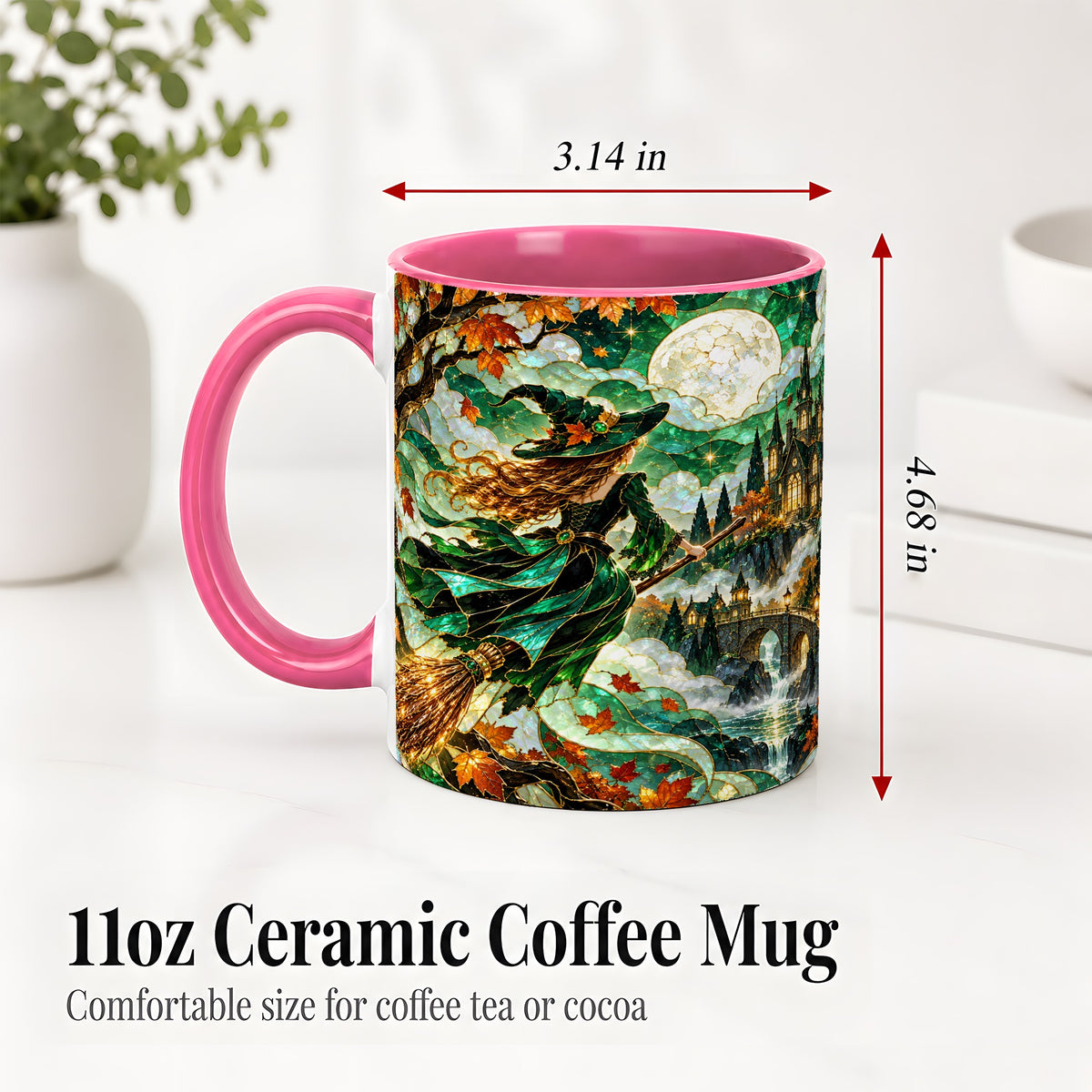 #pl[11oz|Pink] Autumn Witch Ceramic Mug with Moon, Castle and Fall Leaf Artwork