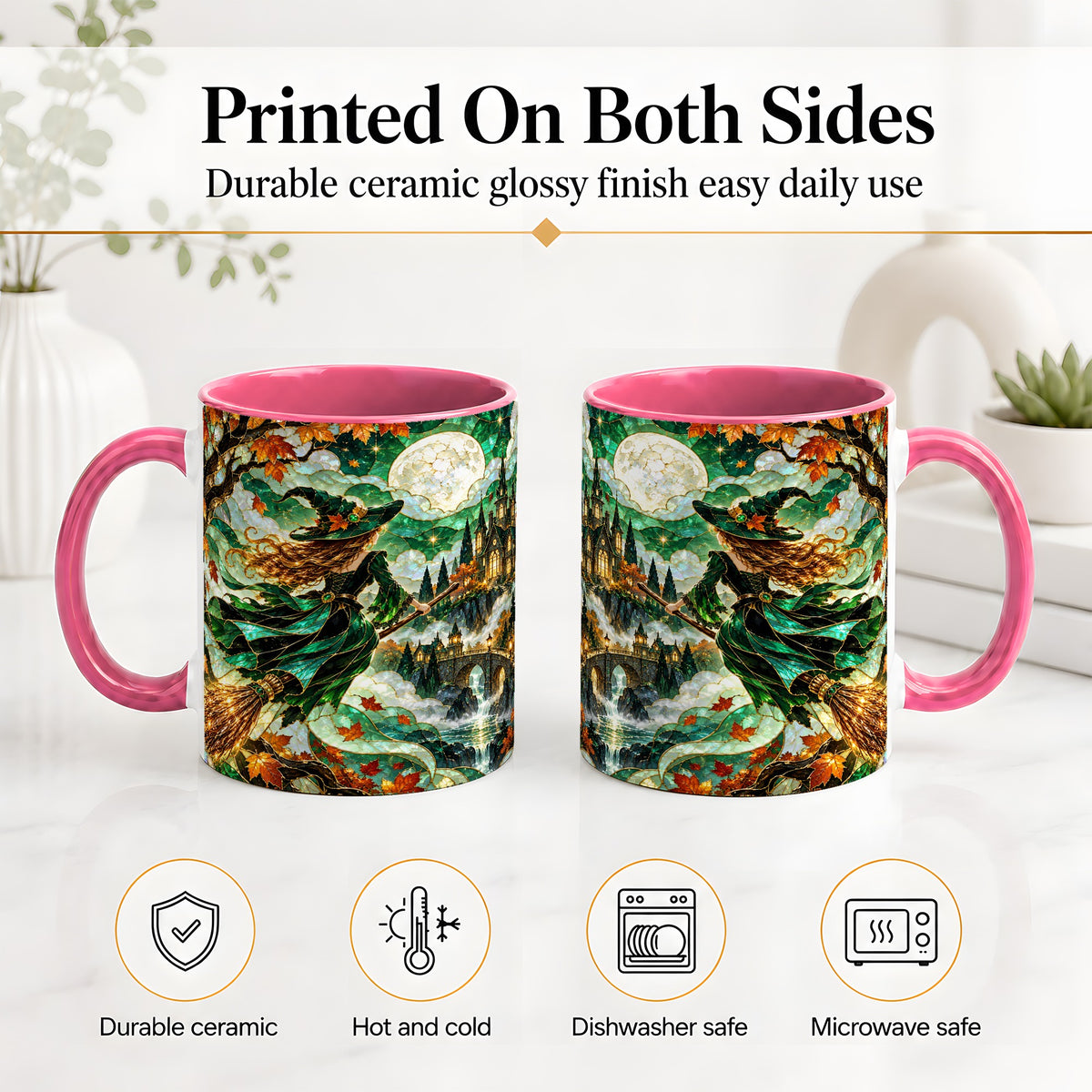 #pl[11oz|Pink] Autumn Witch Ceramic Mug with Moon, Castle and Fall Leaf Artwork