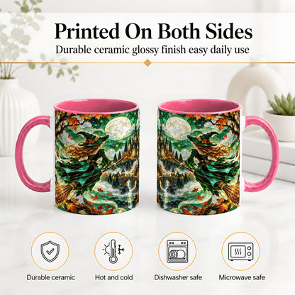 #pl[11oz|Pink] Autumn Witch Ceramic Mug with Moon, Castle and Fall Leaf Artwork