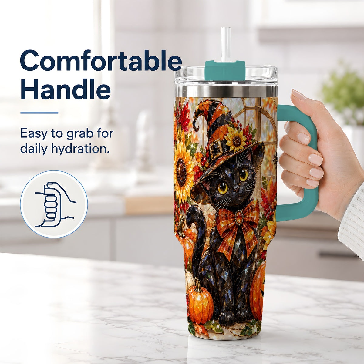 #pl[40oz|Green] Halloween Black Cat 40oz Tumbler, Sunflower Pumpkin Artwork