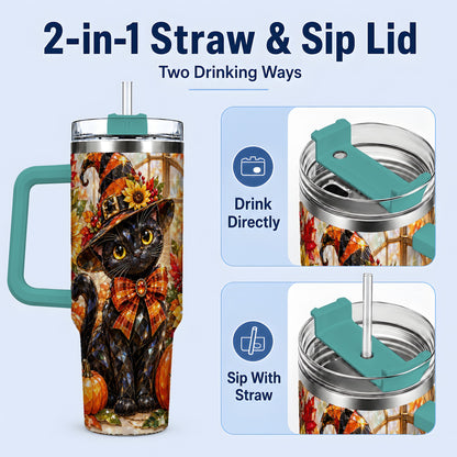 #pl[40oz|Green] Halloween Black Cat 40oz Tumbler, Sunflower Pumpkin Artwork