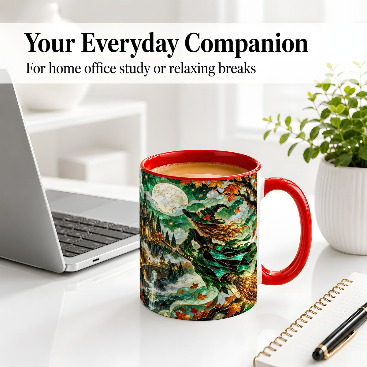 #pl[11oz|Red] Autumn Witch Ceramic Mug with Moon, Castle and Fall Leaf Artwork