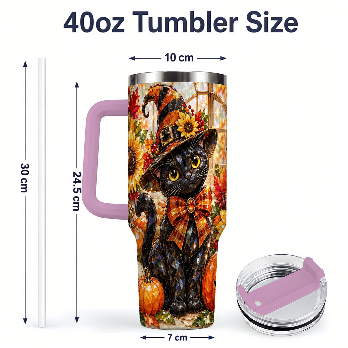 #pl[40oz|Pink] Halloween Black Cat 40oz Tumbler, Sunflower Pumpkin Artwork