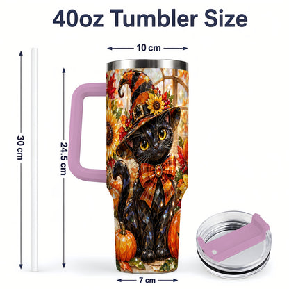 #pl[40oz|Pink] Halloween Black Cat 40oz Tumbler, Sunflower Pumpkin Artwork