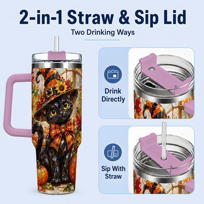 #pl[40oz|Pink] Halloween Black Cat 40oz Tumbler, Sunflower Pumpkin Artwork