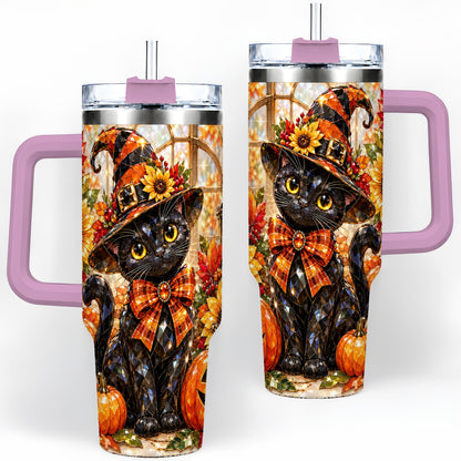 #pl[40oz|Pink] Halloween Black Cat 40oz Tumbler, Sunflower Pumpkin Artwork