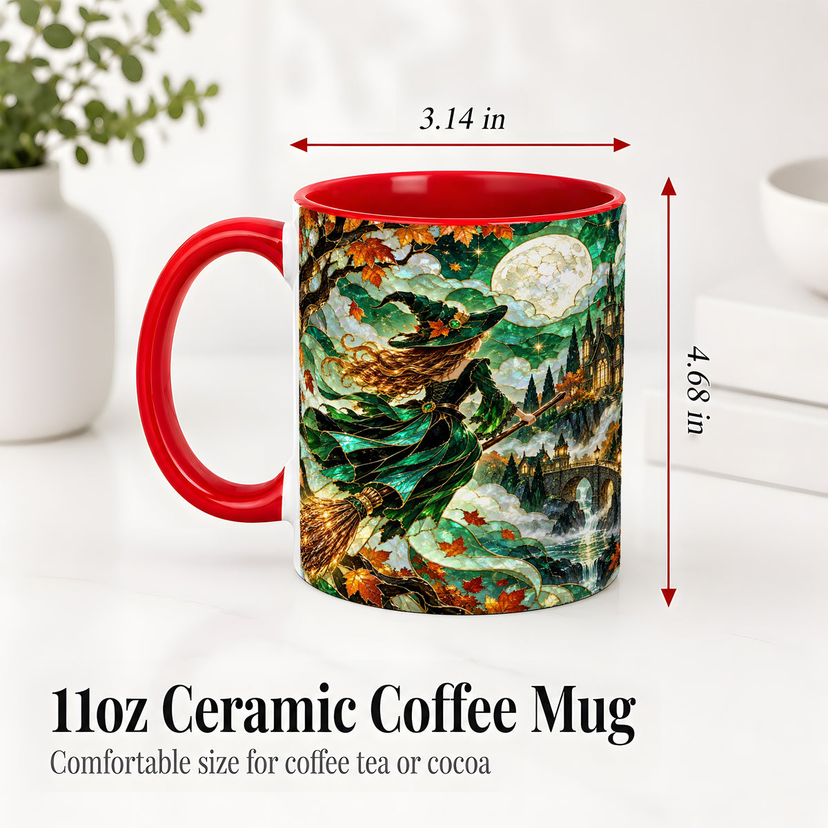 #pl[11oz|Red] Autumn Witch Ceramic Mug with Moon, Castle and Fall Leaf Artwork