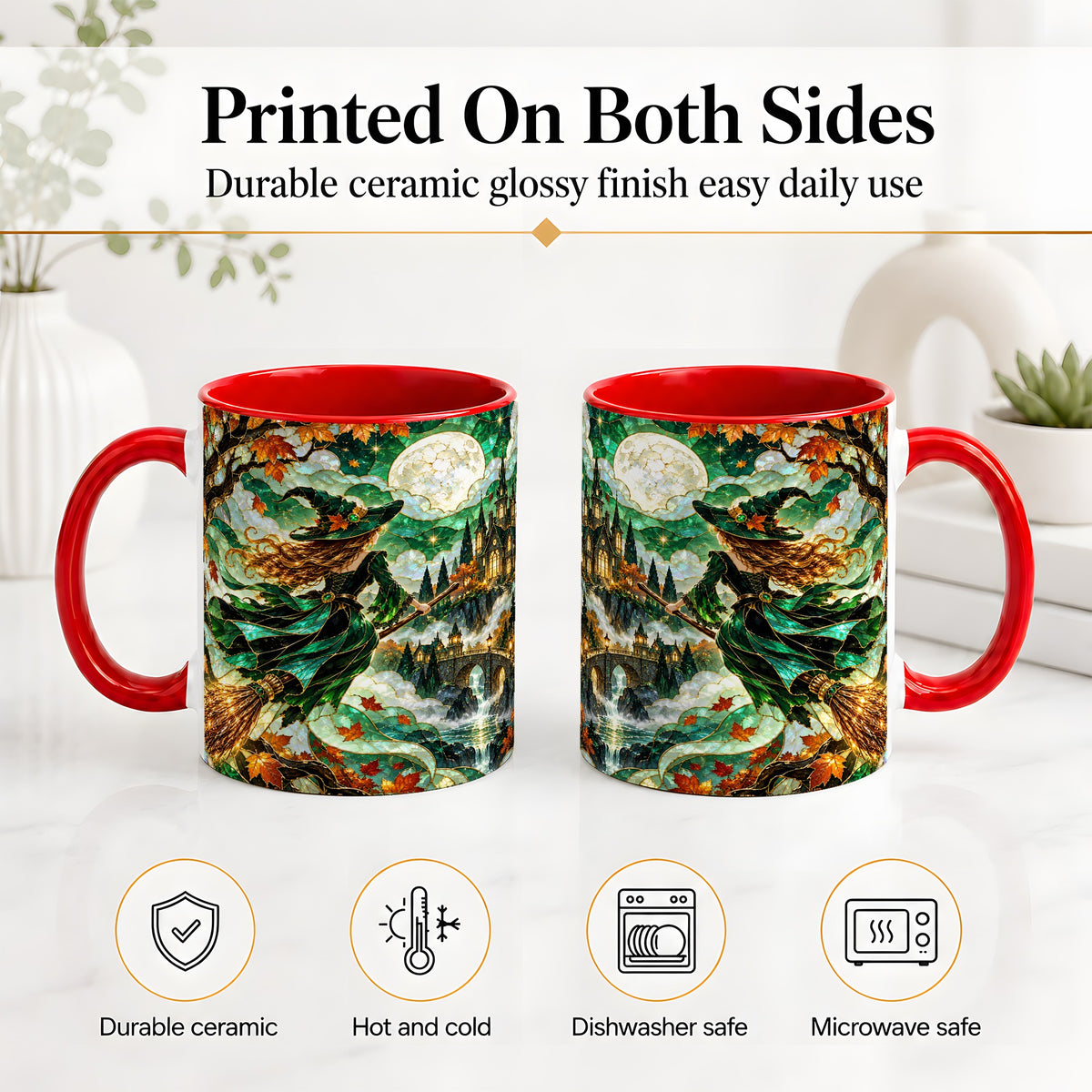 #pl[11oz|Red] Autumn Witch Ceramic Mug with Moon, Castle and Fall Leaf Artwork