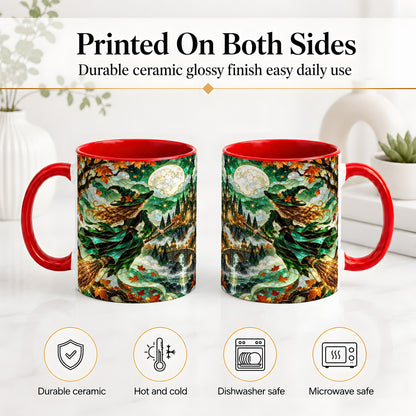 #pl[11oz|Red] Autumn Witch Ceramic Mug with Moon, Castle and Fall Leaf Artwork