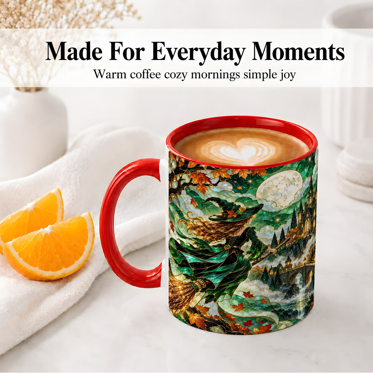 #pl[11oz|Red] Autumn Witch Ceramic Mug with Moon, Castle and Fall Leaf Artwork