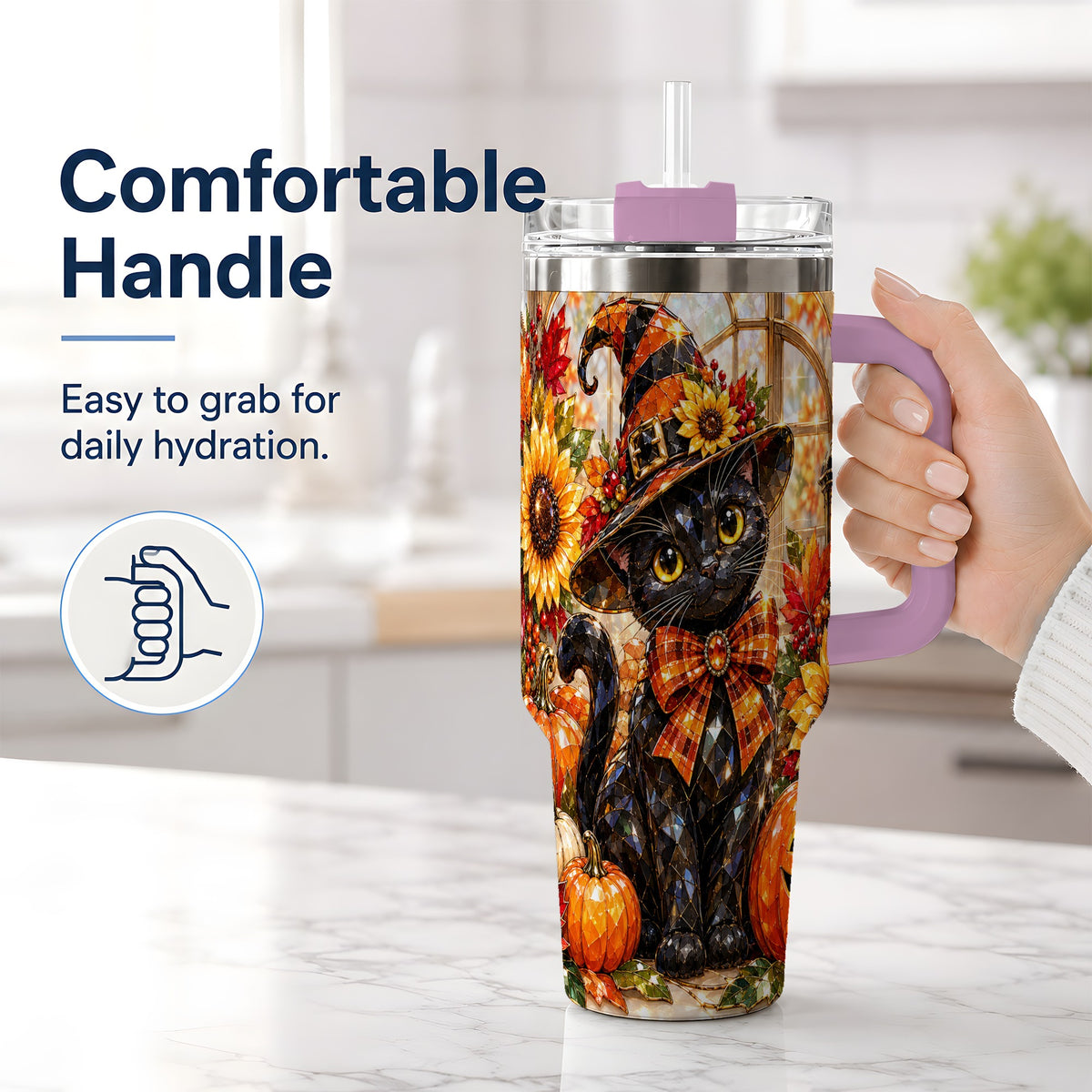 #pl[40oz|Pink] Halloween Black Cat 40oz Tumbler, Sunflower Pumpkin Artwork