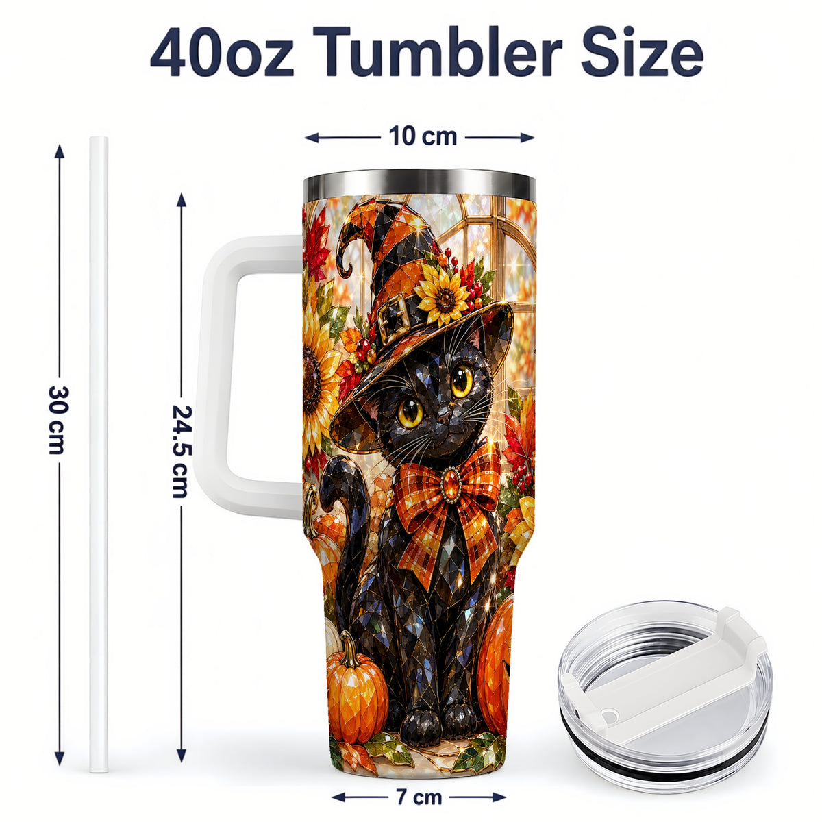 #pl[40oz|White] Halloween Black Cat 40oz Tumbler, Sunflower Pumpkin Artwork