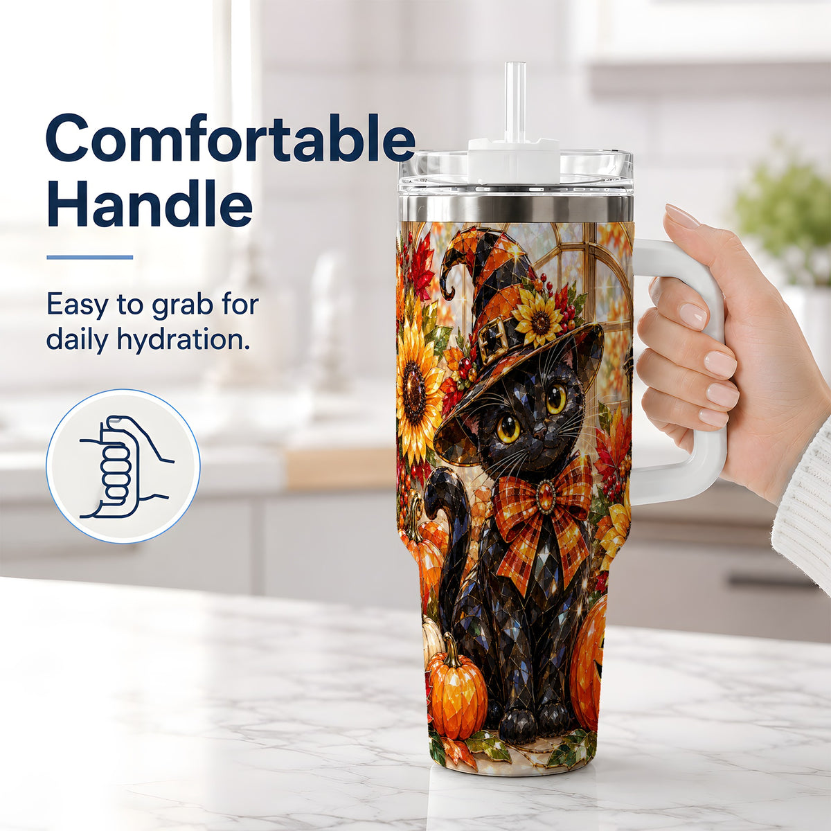 #pl[40oz|White] Halloween Black Cat 40oz Tumbler, Sunflower Pumpkin Artwork