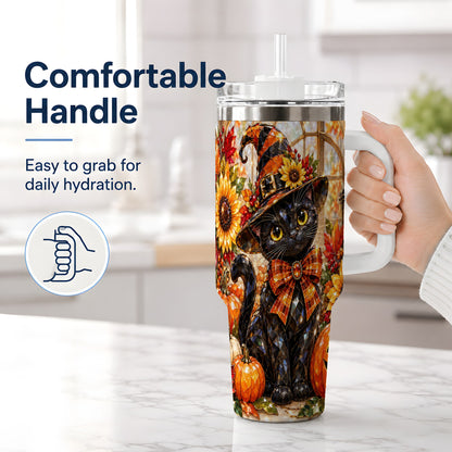 #pl[40oz|White] Halloween Black Cat 40oz Tumbler, Sunflower Pumpkin Artwork