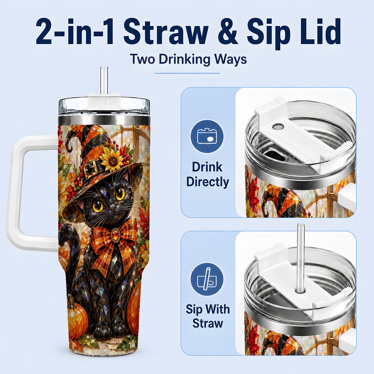 #pl[40oz|White] Halloween Black Cat 40oz Tumbler, Sunflower Pumpkin Artwork
