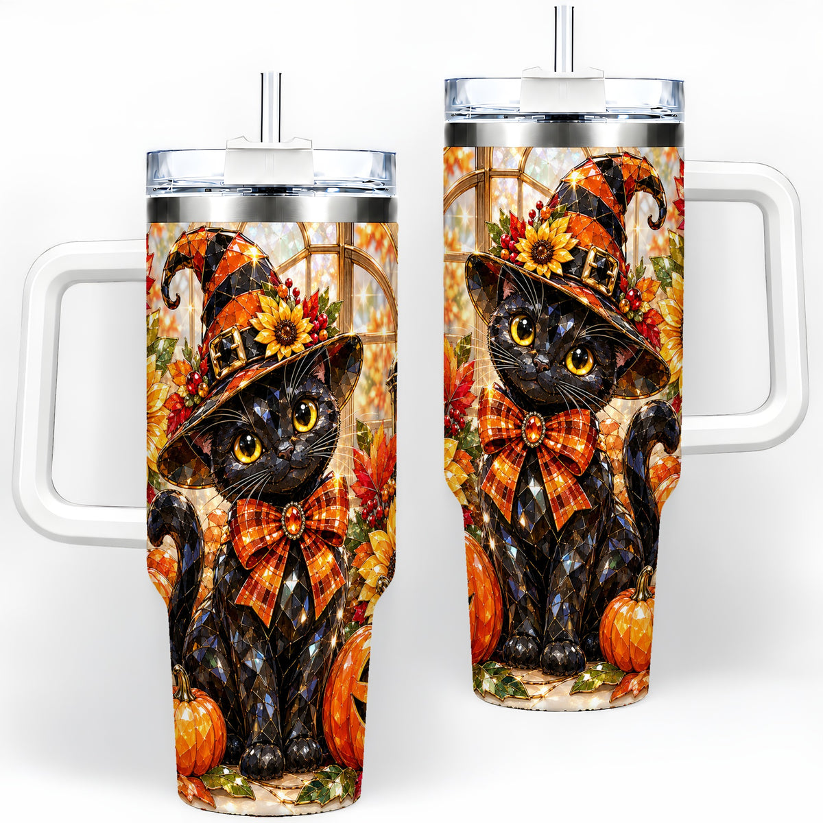 Halloween Black Cat 40oz Tumbler, Sunflower Pumpkin Artwork
