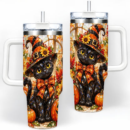 Halloween Black Cat 40oz Tumbler, Sunflower Pumpkin Artwork