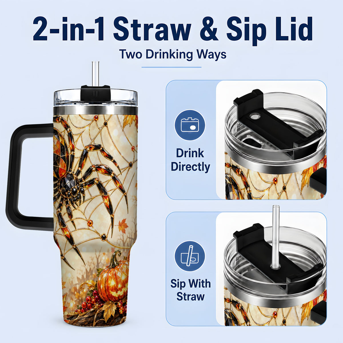 #pl[40oz|Black] Halloween Spider Web 40oz Tumbler, Jack-O-Lantern Pumpkin Artwork