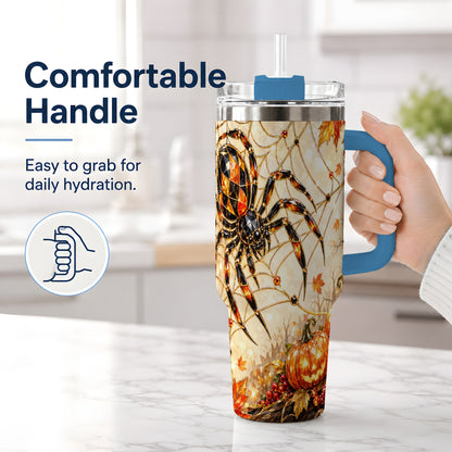 #pl[40oz|Blue] Halloween Spider Web 40oz Tumbler, Jack-O-Lantern Pumpkin Artwork