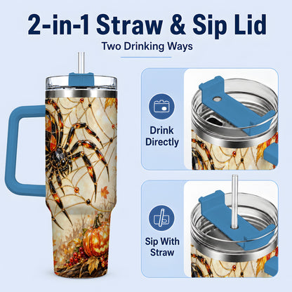 #pl[40oz|Blue] Halloween Spider Web 40oz Tumbler, Jack-O-Lantern Pumpkin Artwork