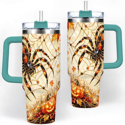 #pl[40oz|Green] Halloween Spider Web 40oz Tumbler, Jack-O-Lantern Pumpkin Artwork