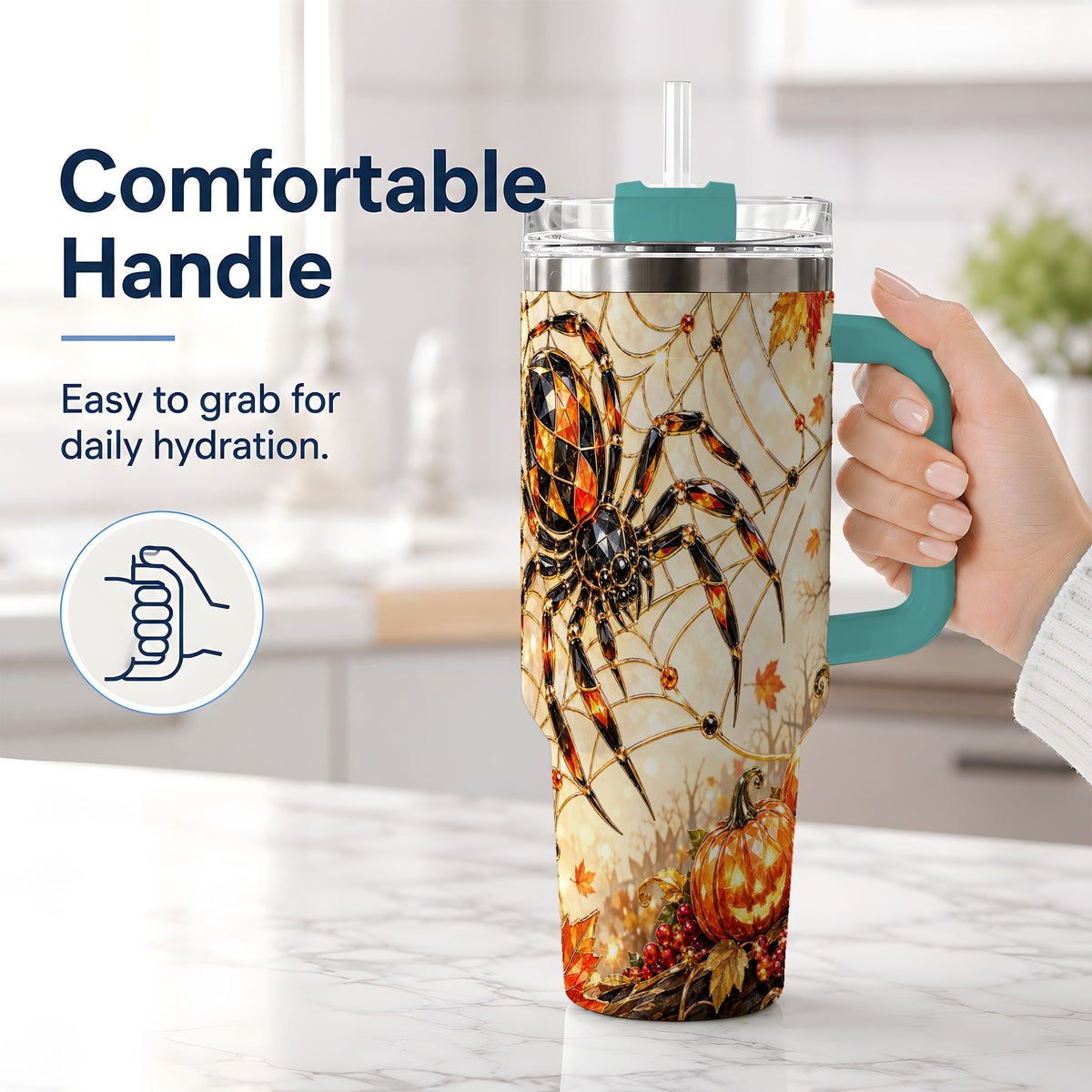 #pl[40oz|Green] Halloween Spider Web 40oz Tumbler, Jack-O-Lantern Pumpkin Artwork
