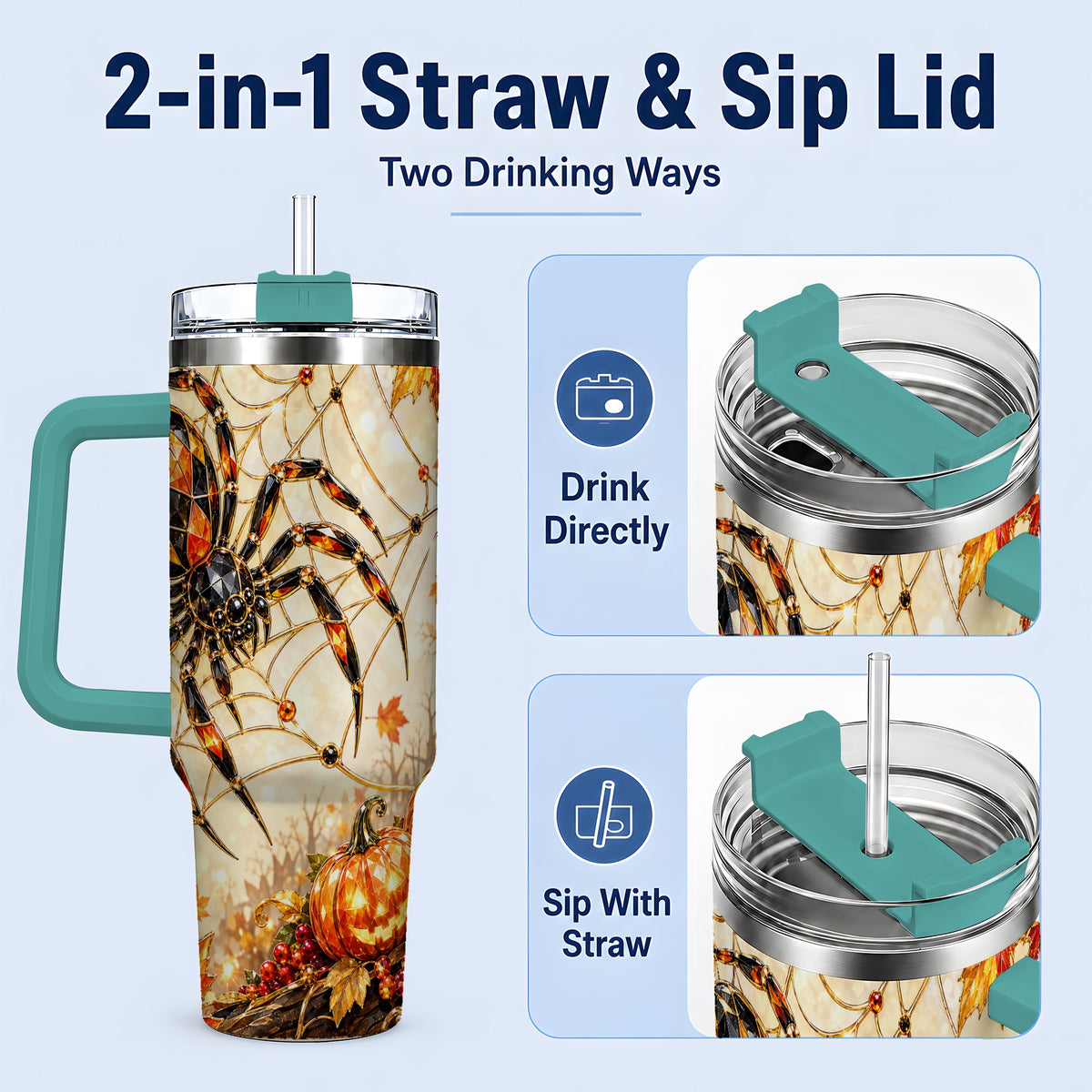 #pl[40oz|Green] Halloween Spider Web 40oz Tumbler, Jack-O-Lantern Pumpkin Artwork