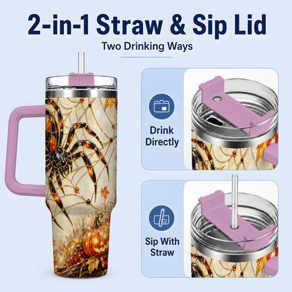 #pl[40oz|Pink] Halloween Spider Web 40oz Tumbler, Jack-O-Lantern Pumpkin Artwork