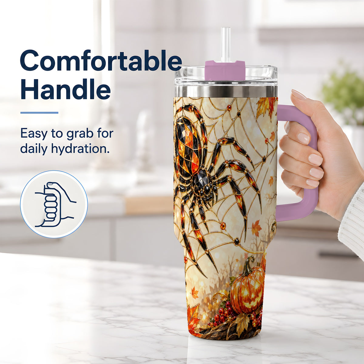 #pl[40oz|Pink] Halloween Spider Web 40oz Tumbler, Jack-O-Lantern Pumpkin Artwork