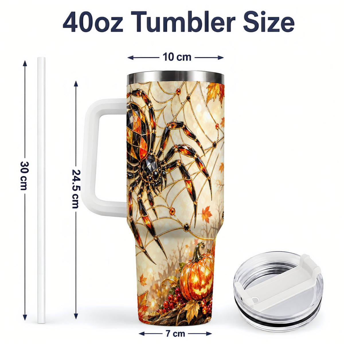 #pl[40oz|White] Halloween Spider Web 40oz Tumbler, Jack-O-Lantern Pumpkin Artwork