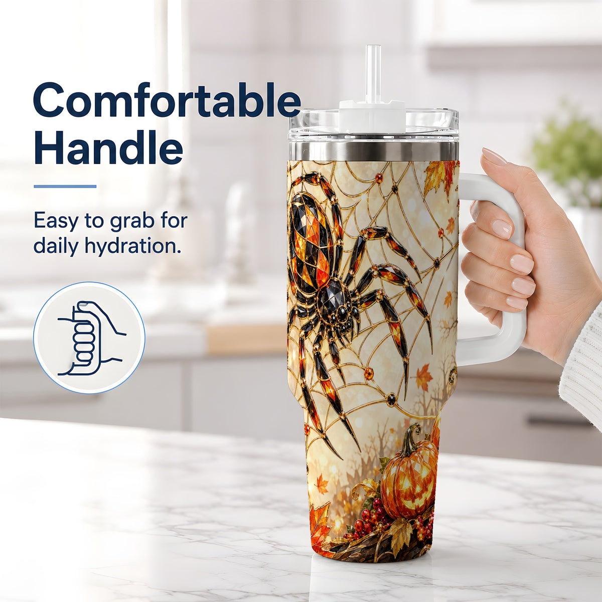 #pl[40oz|White] Halloween Spider Web 40oz Tumbler, Jack-O-Lantern Pumpkin Artwork
