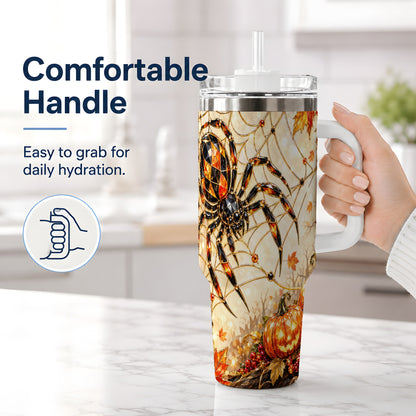 #pl[40oz|White] Halloween Spider Web 40oz Tumbler, Jack-O-Lantern Pumpkin Artwork