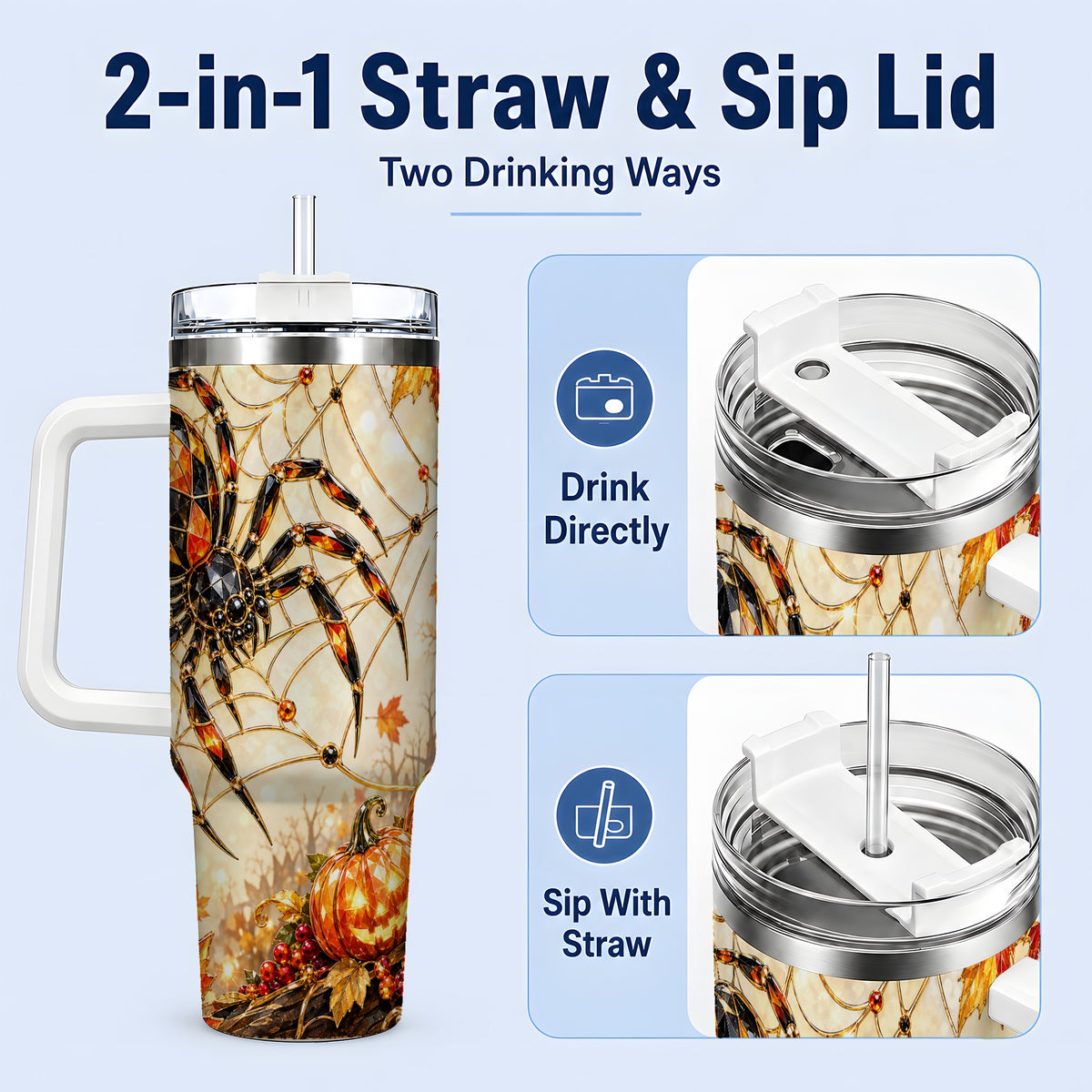 #pl[40oz|White] Halloween Spider Web 40oz Tumbler, Jack-O-Lantern Pumpkin Artwork