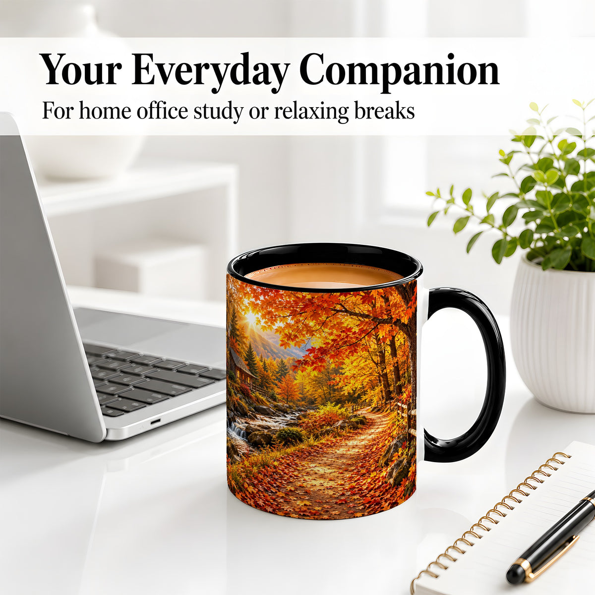 #pl[11oz|Black] Autumn Cabin Ceramic Mug with Forest, Creek and Fall Leaf Artwork