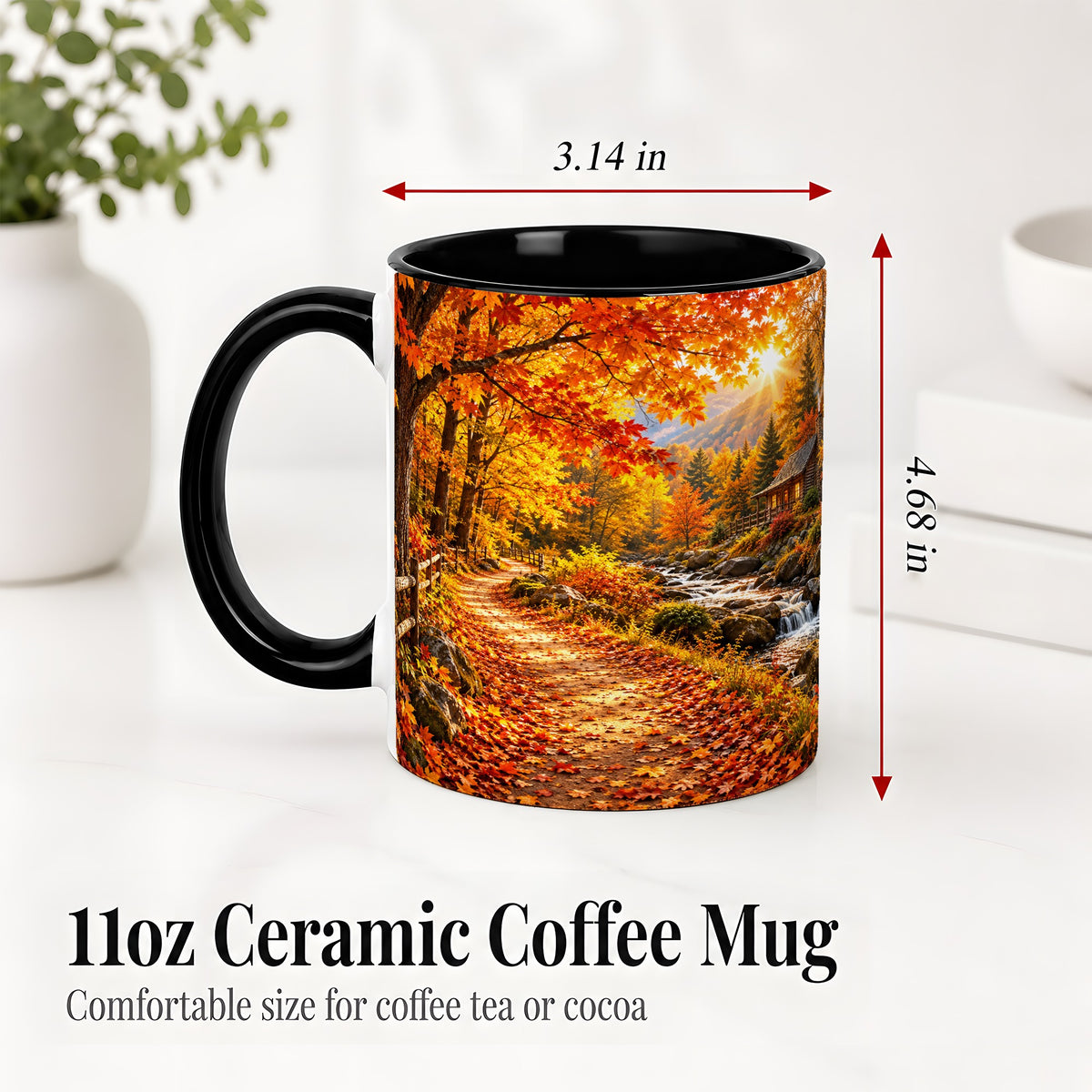 #pl[11oz|Black] Autumn Cabin Ceramic Mug with Forest, Creek and Fall Leaf Artwork