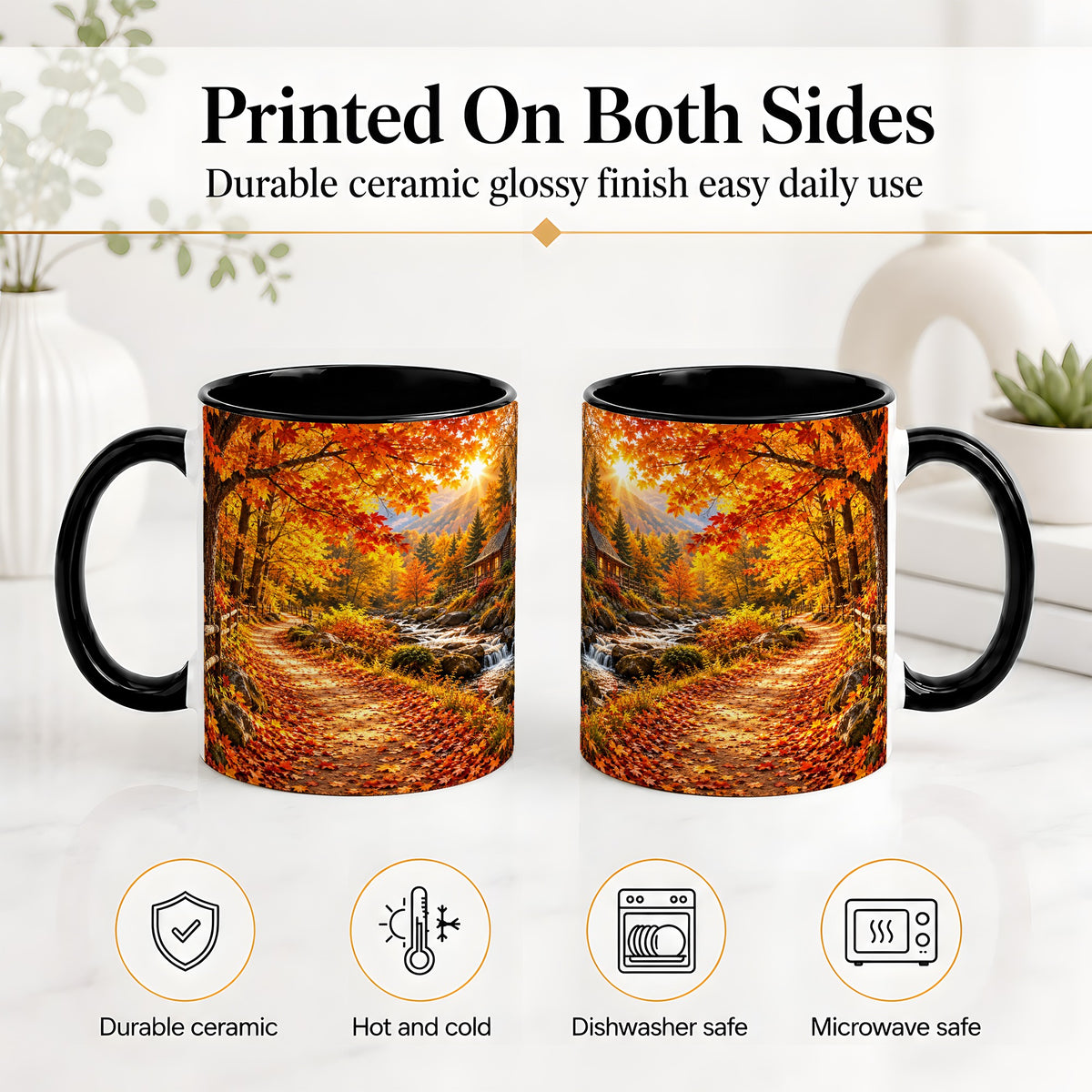 #pl[11oz|Black] Autumn Cabin Ceramic Mug with Forest, Creek and Fall Leaf Artwork