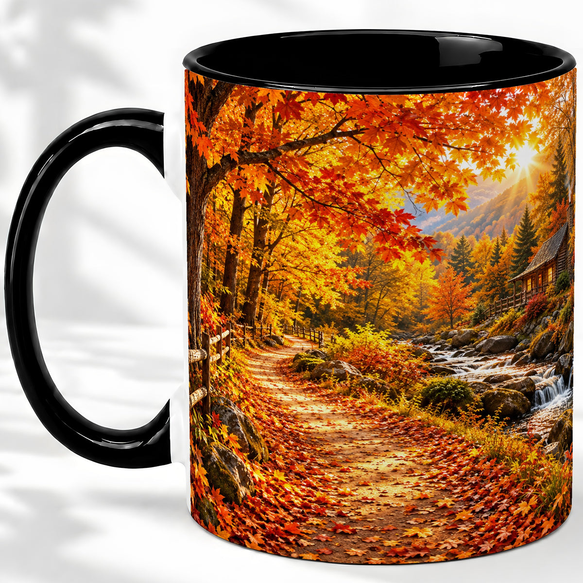 #pl[11oz|Black] Autumn Cabin Ceramic Mug with Forest, Creek and Fall Leaf Artwork